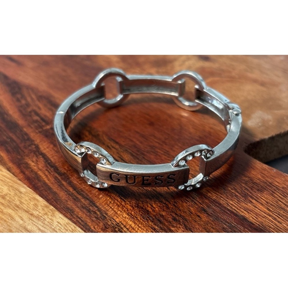 GUESS Silver Hinged Bangle Bracelet With Matching G Earrings